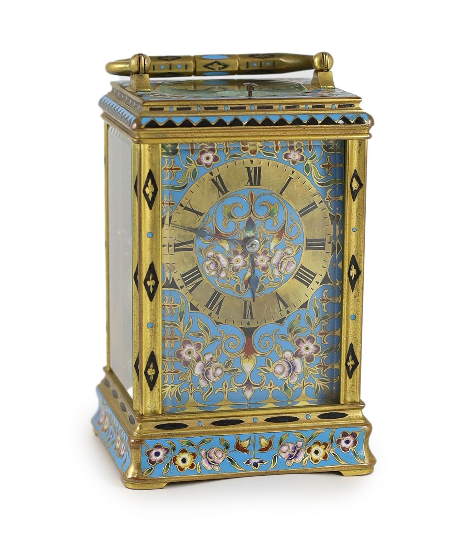 Alfred Drocourt of Paris. A mid 19th century French ormolu and champleve enamel hour repeating carriage clock, width 9.5cm, depth 8cm, height 15cm